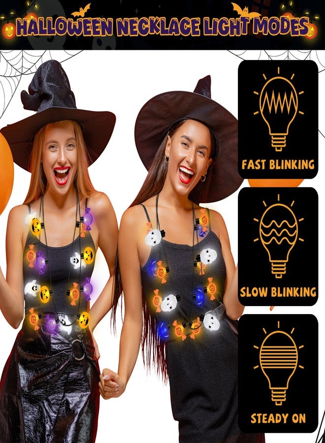 EOBOH 4PCS Halloween Necklace Accessories, 4 Kinds Light up Halloween Necklaces, Glow Necklace with Pumpkin Bats Ghost Skulls Decor, Colorful Glow Accessories Bulk for Trick or Treat Party Favors - Image 3